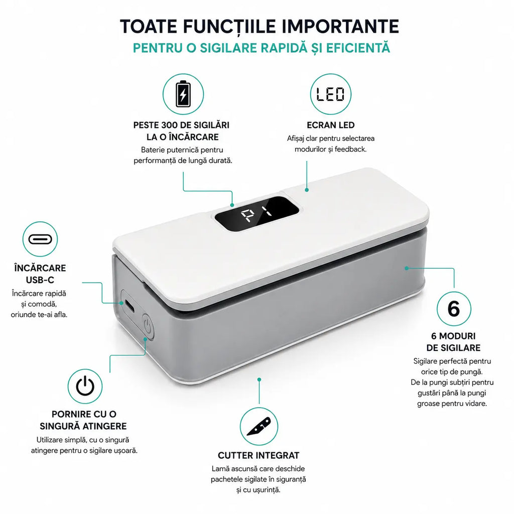 Aparat de Sigilat Pungi SMARTR, Vacuum și Reîncărcabil, 6 Moduri, Ecran LED, Cutter Integrat